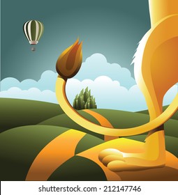 Lion watches balloon. EPS 10 vector, grouped for easy editing. No open shapes or paths.