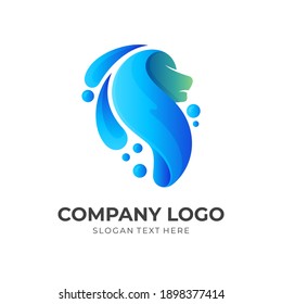 lion water logo, lion and water, combination logo with 3d blue color style