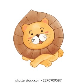 Lion . Watercolor paint design . Cute animal cartoon character . Sit position . Vector .