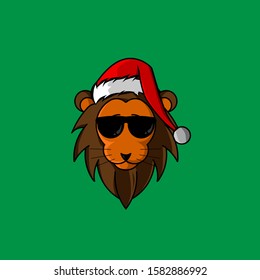 the lion wear glasses cartoon christmas with santa claus cap logo design on red background
