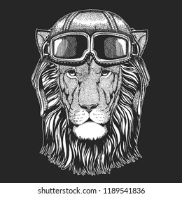 Lion wearing aviator hat. Print for children clothes, tee, t-shirt. Pilot wild animal