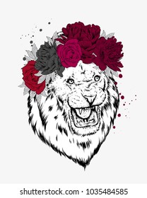 Lion wearing a crown of flowers. Vector illustration.
