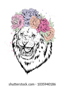 Lion wearing a crown of flowers. Vector illustration.
