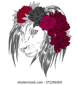 Lion wearing a crown of flowers.  Vector illustration for greeting card, poster, or print on clothes.