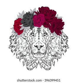 Lion wearing crown flowers  Vector illustration 