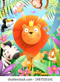 Lion wearing crown as a king of jungle surrounded by African animals as elephant, toucan, tiger monkey snake and zebra. Kids vector cartoon illustration in watercolor style.