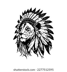 lion wearing indian chief head accessories collection set hand drawn illustration