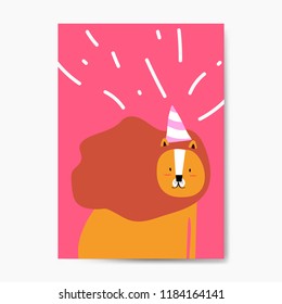 Lion wearing a party hat in a cartoon style vector