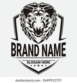 A lion wearing a tie logo symbolizes strength, leadership, and professionalism with a bold character.