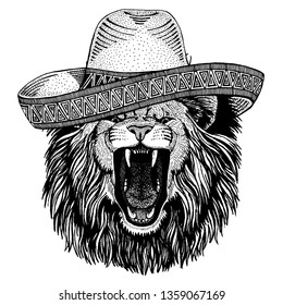 Lion wearing traditional mexican hat. Classic headdress, fiesta, party.
