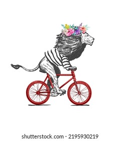 Lion Wearing T-shirt and Wreath Rides Bicycle Vector Illustration. Vintage Mascot Lion Cycle Bike Isolated on White. Happy Birthday Animal Character Black and White Sketch. Flat Outline Grunge Drawing