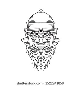 The lion wears a roman helmet. Ram lion tattoo designs. Can be used to design t-shirts, bags, postcards, posters and so on.