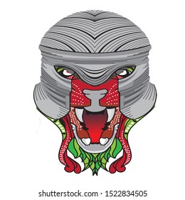 The lion wears a roman helmet. Ram lion tattoo designs. Can be used to design t-shirts, bags, postcards, posters and so on.