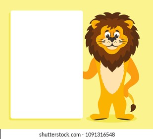 Lion with white board. Template for your text. Cartoon character with white banner. Place your text on blank sheet. Vector illustration.