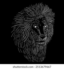 Lion white on black background. Graphic design on a t-shirt. hand drawing. Not AI, Vector illustration