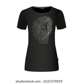 Lion white on black background. Graphic design on a t-shirt. hand drawing. Not AI, Vector illustration