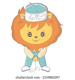 A lion who plays golf. Vector illustration of a cute athlete animal. Cute little illustration of lion for kids, baby book, fairy tales, covers, baby shower invitation, textile t-shirt.