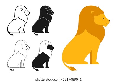 Lion wild animal cartoon style set. African leo sitting mammal symbol, line doodle or silhouette. Flat funny lion character animal icon. Hand drawn simple abstract king zoo mascot vector illustration