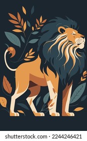 lion wild animal on leaf background, flat color vector illustration for poster wall art print, template banner design