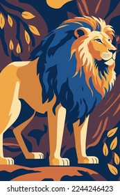 lion wild animal on leaf background, flat color vector illustration for poster wall art print, template banner design