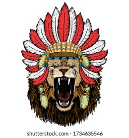 Lion. Wild animal portrait. Face of african cat. Indian headdress with feathers. Boho style.