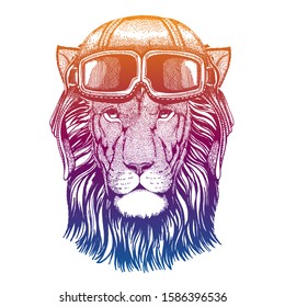 Lion. Wild animal. Vector fashion illustration for kids. Children shirt print with biker, motorcycle symbol.