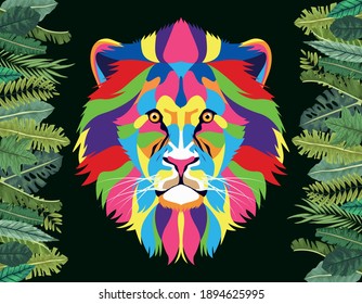 lion wild life technicolor with leafs frame vector illustration design