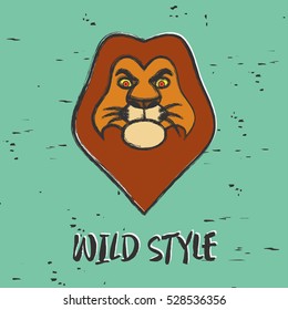 Lion. Wild style. Graphics for print products. Design clothes, t-shirts, logo. Vintage background. Vector illustration.