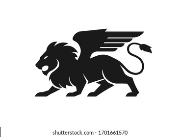 Lion with wing silhouette isolated on white background vector illustration.