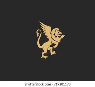 Lion with wings icon, tattoo, tshirt print, royal, rule, supreme power, black background, vector illustration