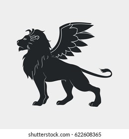 Lion with wings icon. Winged leo, logo template. Vector illustration.