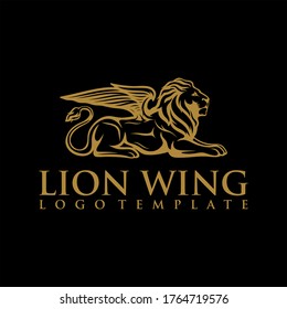 Lion with wings logo design template. Linear premium vector logotype.