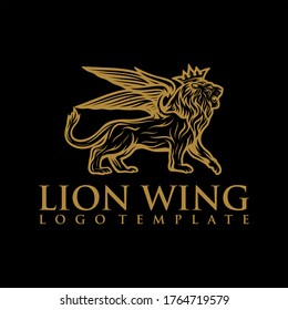 León con la plantilla de diseño del logotipo de las alas. Logotipo vectorial lineal premium.