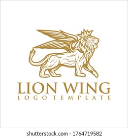 Lion with wings logo design template. Linear premium vector logotype.