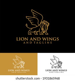 Lion with wings logo design template. Linear premium vector logotype.