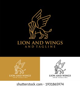 Lion with wings logo design template. Linear premium vector logotype.