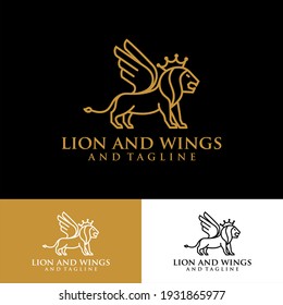 Lion with wings logo design template. Linear premium vector logotype.
