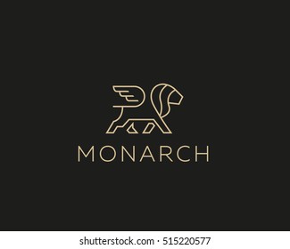  Lion with wings logo design template. Linear premium vector logotype 