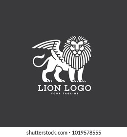 Lion with wings logo template design on a grey background. Vector illustration.