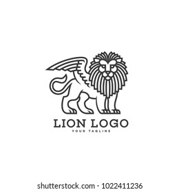 Lion with wings logo template design in linear style. Vector illustration.