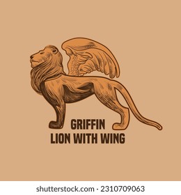 Lion with wings on brown background. Vintage style vector illustration.