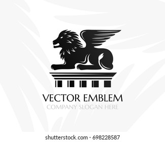 Lion with wings on the pillar. Law firm logo template. Concept for legal firms, notary offices, justice companies, banks