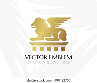 Lion with wings on the pillar. Law firm logo template. Concept for legal firms, notary offices, justice companies, banks. Golden version