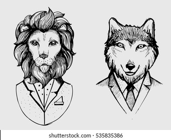 Lion and wolf in suits. Hand drawn vector illustration.