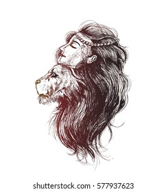 Lion Woman with crown of feathers, Hand Drawn Sketch Vector illustration.