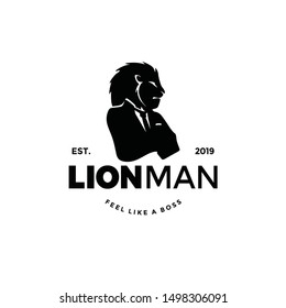 Lion worker man logo silhouette with head of animal and human body. unique cool design. wear suit coat, tie like a boss.
Cool Stand out.