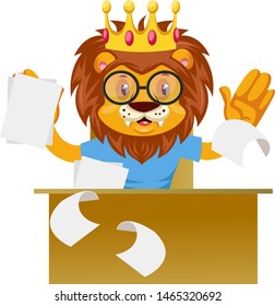 Lion working, illustration, vector on white background.