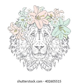 Lion in a wreath of flowers. Vector illustration. 