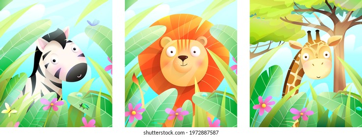 Lion, zebra and giraffe in green nature framed with leaves, grass and trees, zoo animals . Colorful african wildlife poster or greeting cards collection for kids, vector cartoon in watercolor style.