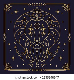 Lion zodiac astrological horoscope golden sign dark navy card. Stylized Leo symbol of esoteric, zodiacal astrological calendar, horoscope constellation thin line vector illustration